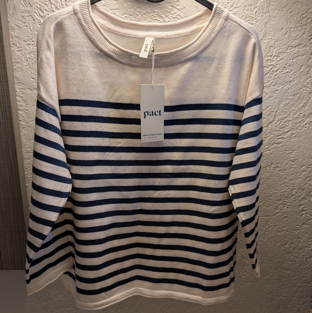 Pact Light Knit Navy and Cream Striped Top